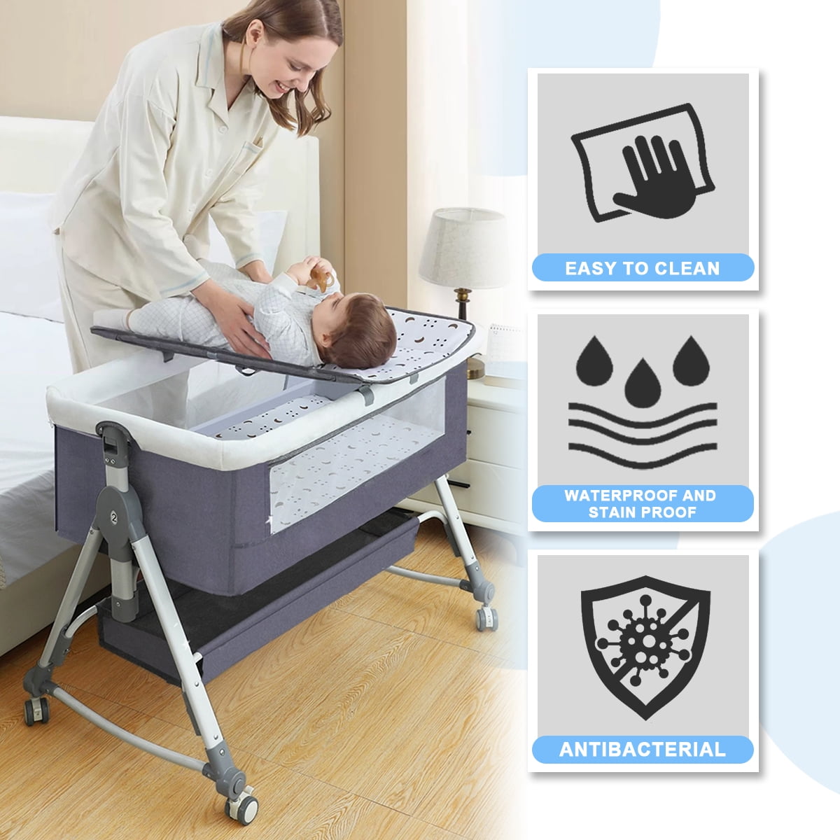 SLLINGLUO Baby Bassinet with Wheels, 5-Level Height Adjustable Folding Bedside Crib, Light Gray
