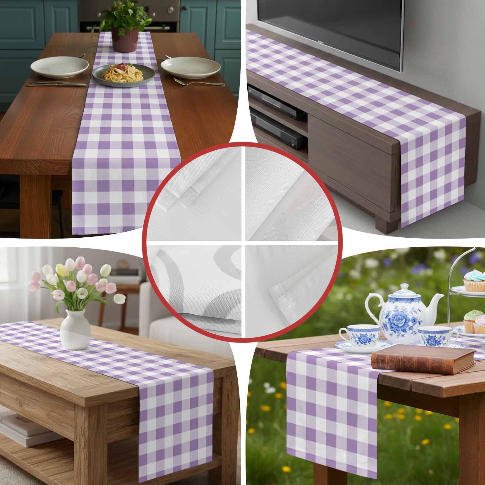 Farmhouse Buffalo Tartan Plaid Table Runner 90 Inches Long, Purple and White Table Runners Tabletop Scarf Kitchen Dining Tables Decoration for Home Party Indoor Outdoor