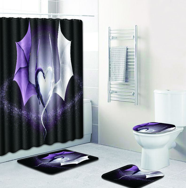 Rose Dragon Shower Curtain Bathroom Rug Set Bath Mat Non-Slip Toilet Lid Cover 