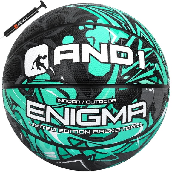 AND1 Enigma Graffiti Rubber Basketball, Size 6 (28.5"), Indoor/Outdoor, Deep Channel Construction, Vibrant Colors, Includes Hand Pump