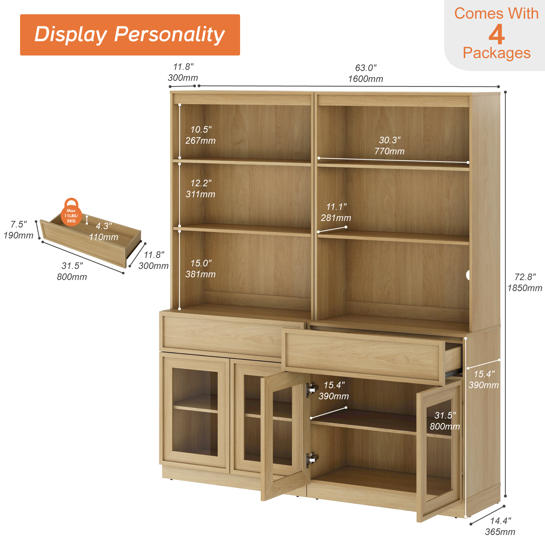 Modern 72" Tall Bookshelf with Glass Doors & Drawers, Library Bookcase with Storage Cabinet and Open Shelves,Oak