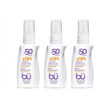 3 Pack - Bu KIDS SPF 50 Sunscreen Spray - Clear Moisturizing, Safe and Effective. Travel Sport Sensitive Skin. (Fragrance Free- 1 oz)
