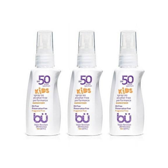 3 Pack - Bu KIDS SPF 50 Sunscreen Spray - Clear Moisturizing, Safe and Effective. Travel Sport Sensitive Skin. (Fragrance Free- 1 oz)