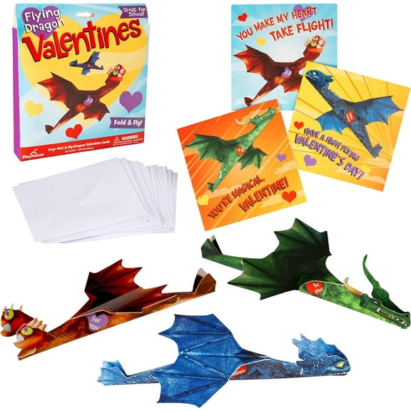 Playhouse Flying Dragons Valentine's Day Cards for Kids, 28 Card Pack & Envelopes - Fold and Fly Paper Airplanes - Great for School Classroom Parties - Boys & Girls Ages 4 