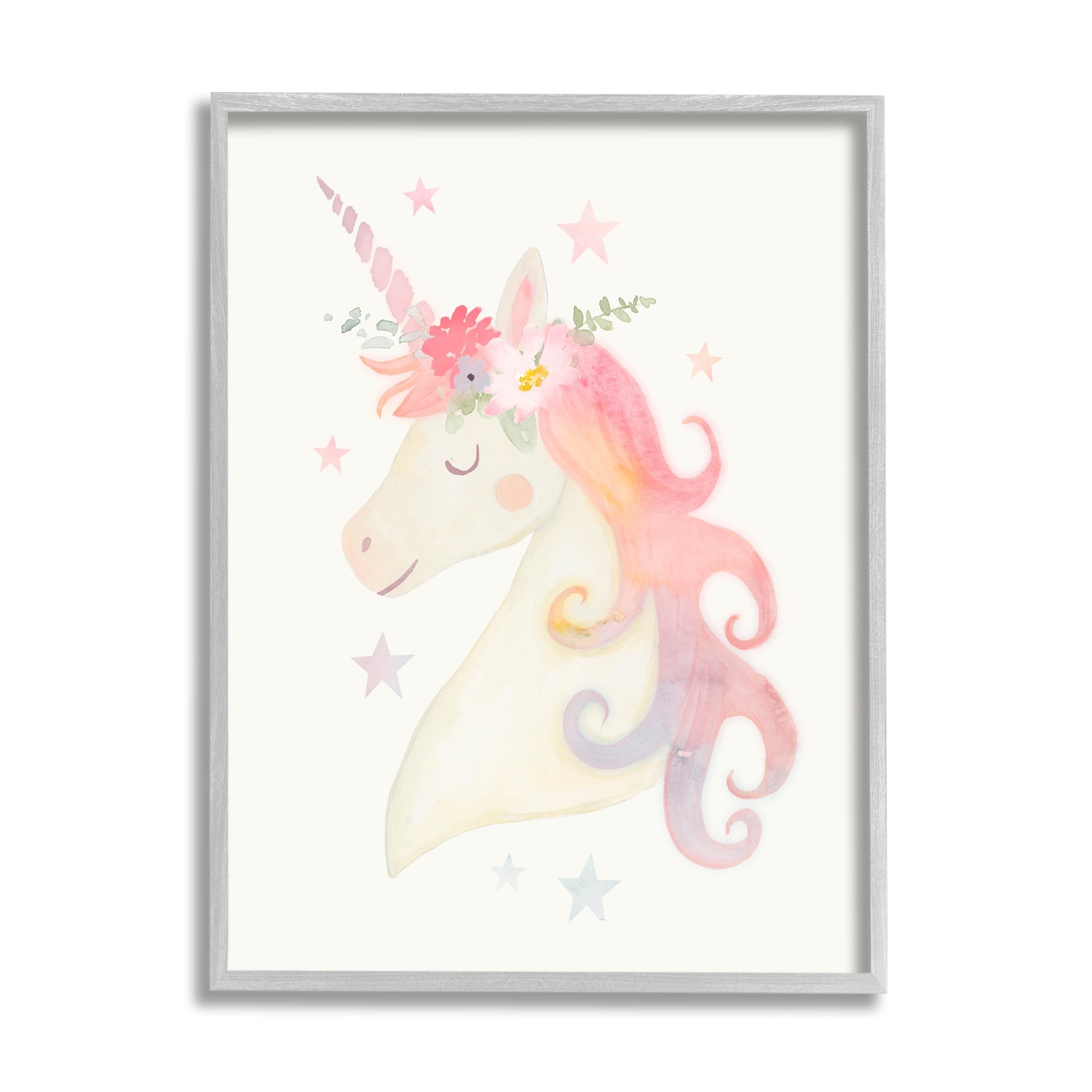 Stupell Industries Charming Unicorn Smiling Flower Crown Stars Design Graphic Art Gray Framed Art Print Wall Art, Design by Victoria Barnes