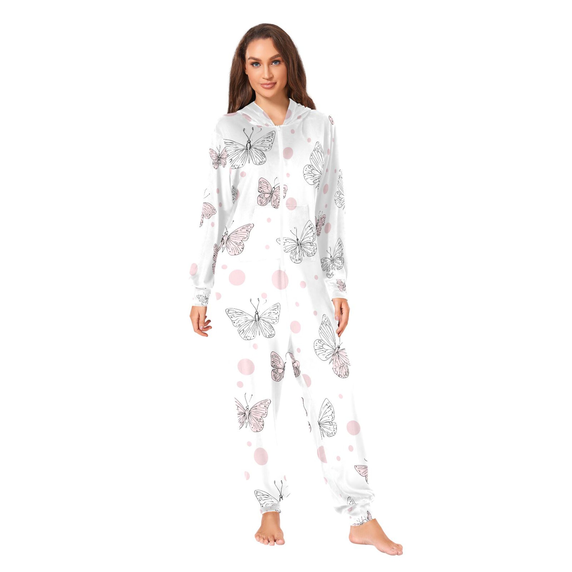 Adult Christmas Onesie Butterfly Pink and White Adult Zipper One-Piece Pajamas Unisex Pajamas with Pockets