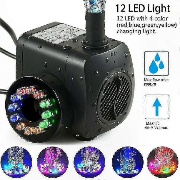 Submersible Water Pump with 800L/H Capacity 15W Energy Efficient Design and Built-in 12 LED Lights for Garden Fountains