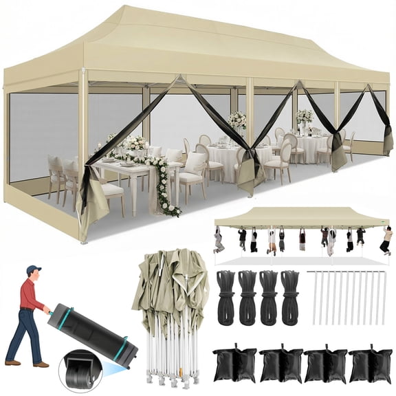 COBIZI 10x30 Pop up Heavy Duty Canopy Tent with Netting Screened,Waterproof&Sunproof Ez up Canopy with Sidewalls,Outdoor Instant Party Tent for Backyard,Wedding,Birthday,BBQ,Khaki
