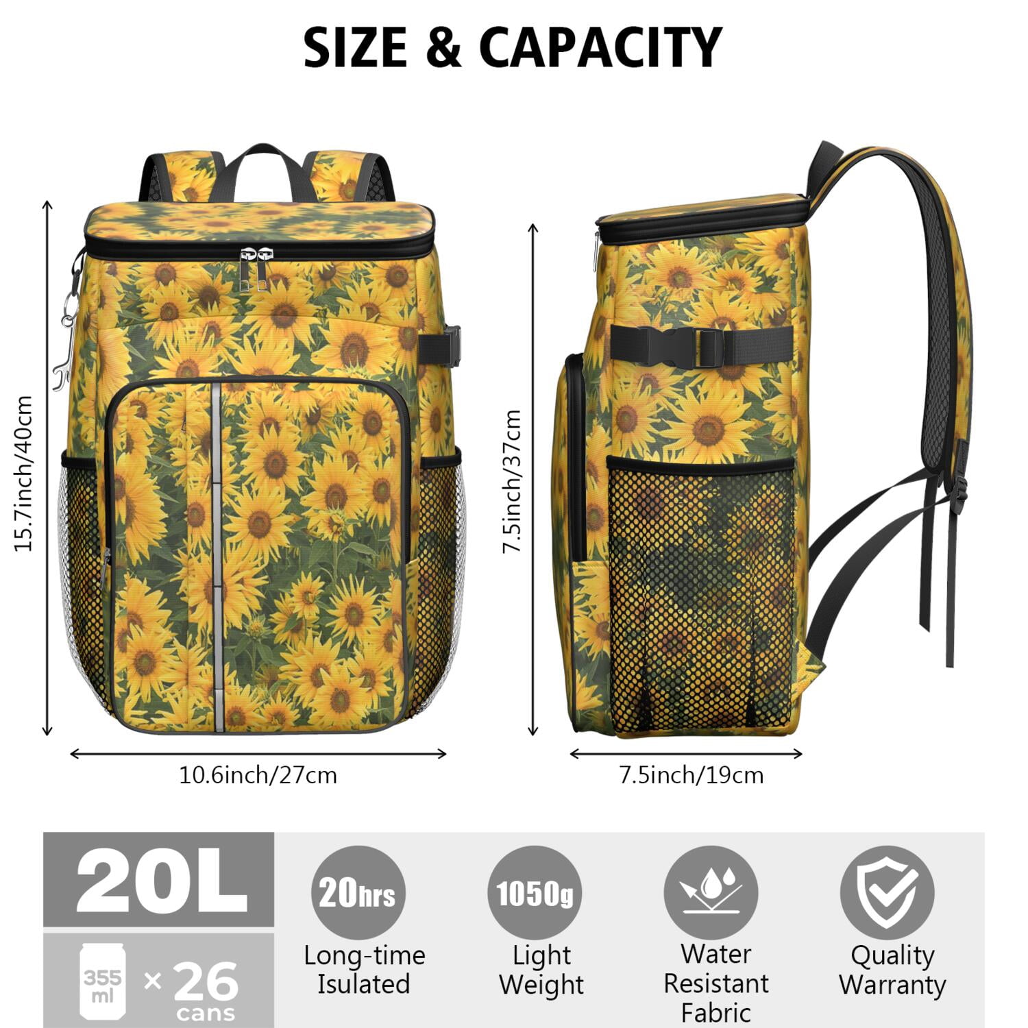 Travel Cooler Bag - Sunflower Camping Beer Cooler Backpack with Bottle Opener- Waterproof Insulated Picnic Backpacks - Cooler Bag for Beach