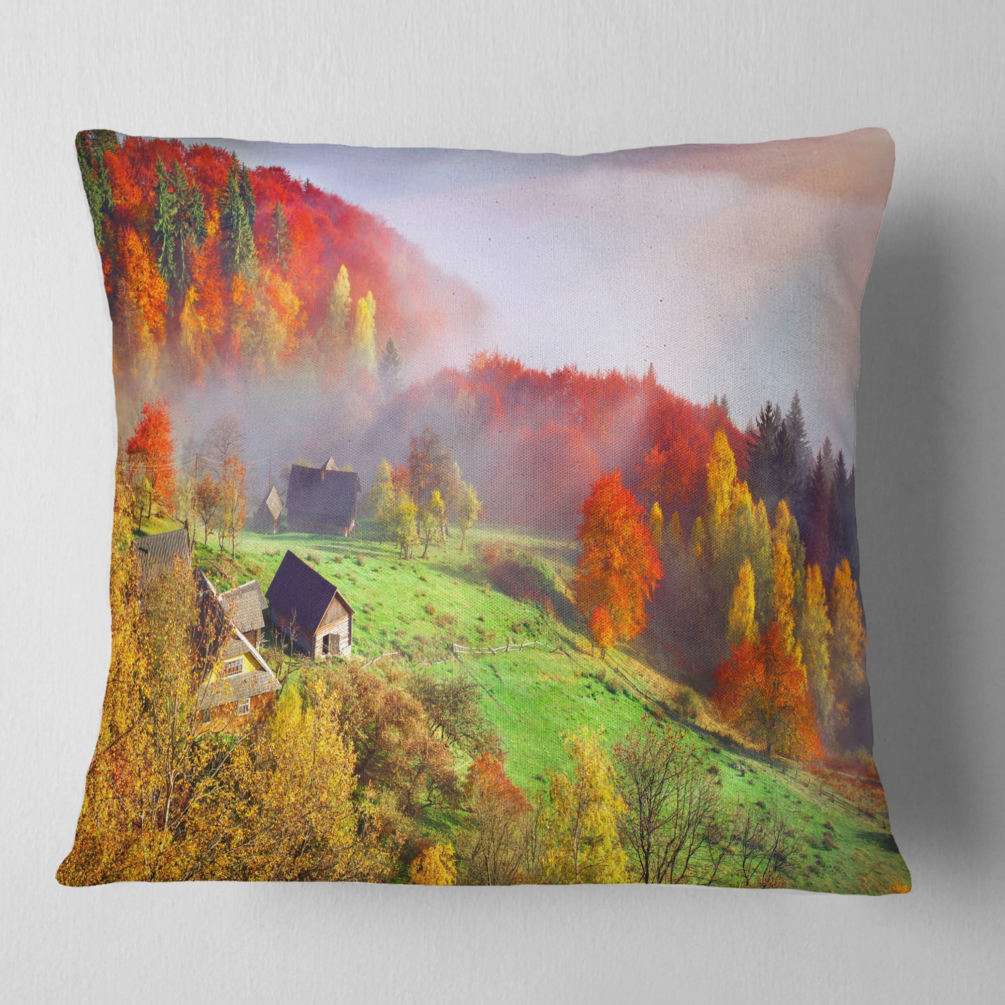 Designart Colorful Mountain Village - Landscape Photo Throw Pillow - 16x16