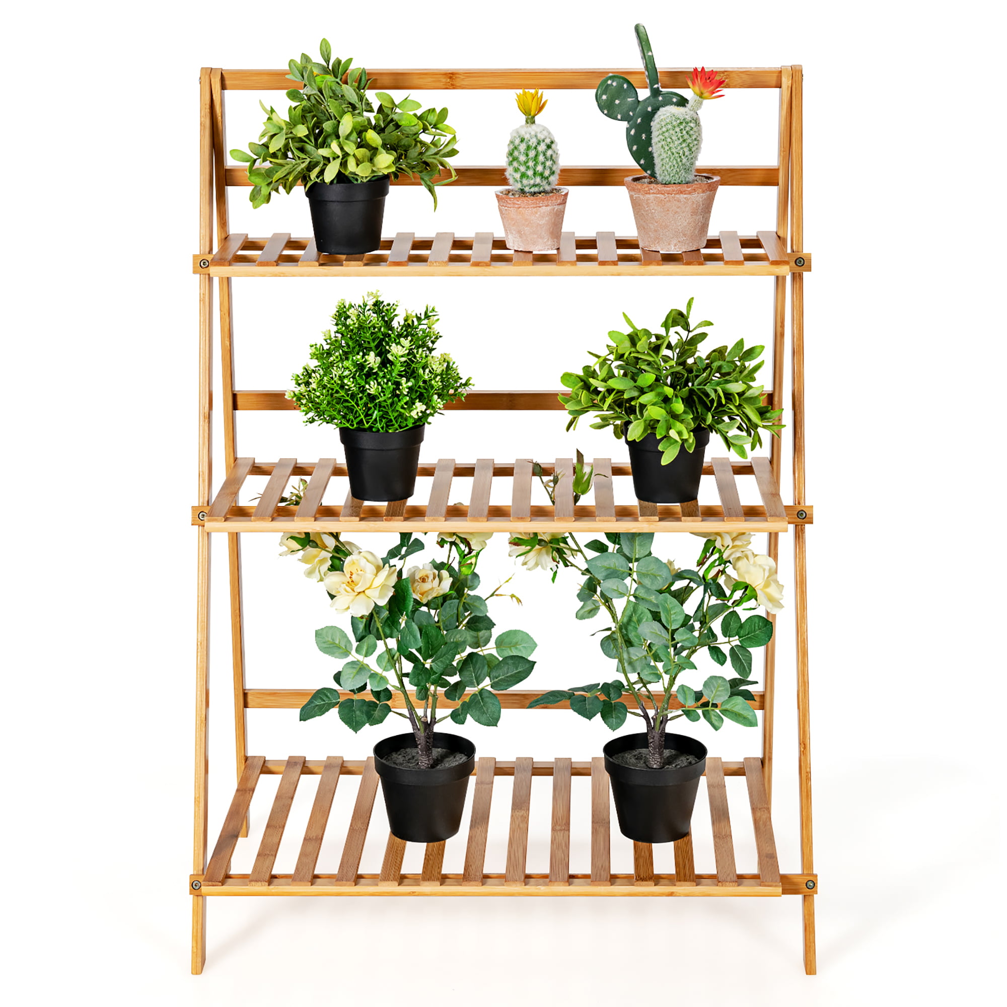 COSTWAY 3 Tier Folding Plant Stand Bamboo Flower Pot Display Shelf Ladder Garden Outdoor 