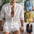 thumbnail image 1 of Neinkie 1 Set Autumn Men Top Shorts Hollow Out Solid Color Lace See Through Outfit for Wedding Night, 1 of 7
