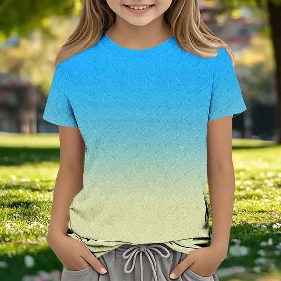 Amidoa Girls Short Sleeve Solid Color T Shirts Graphic Crewneck Cute Kids Summer Tops Casual Tees Light Blue Size 3T