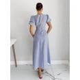 thumbnail image 3 of Women's Blue Striped V-Neck Puff Sleeve Midi Dress for Summer Casual, Beach, Vacation, Office & Going Out, 3 of 7