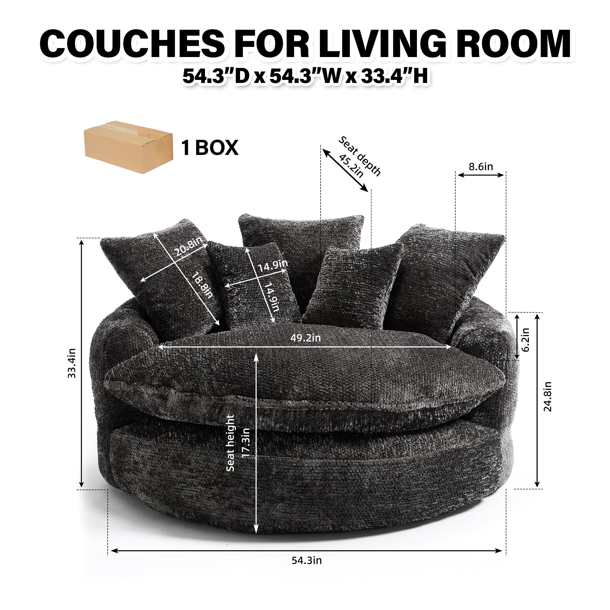 Aukfa 55" Oversized Round Chaise Lounge Chair, Fluffy Deep Seat Cloud Floor Sofa, Modern No Assembly Couch, Dark Gray
