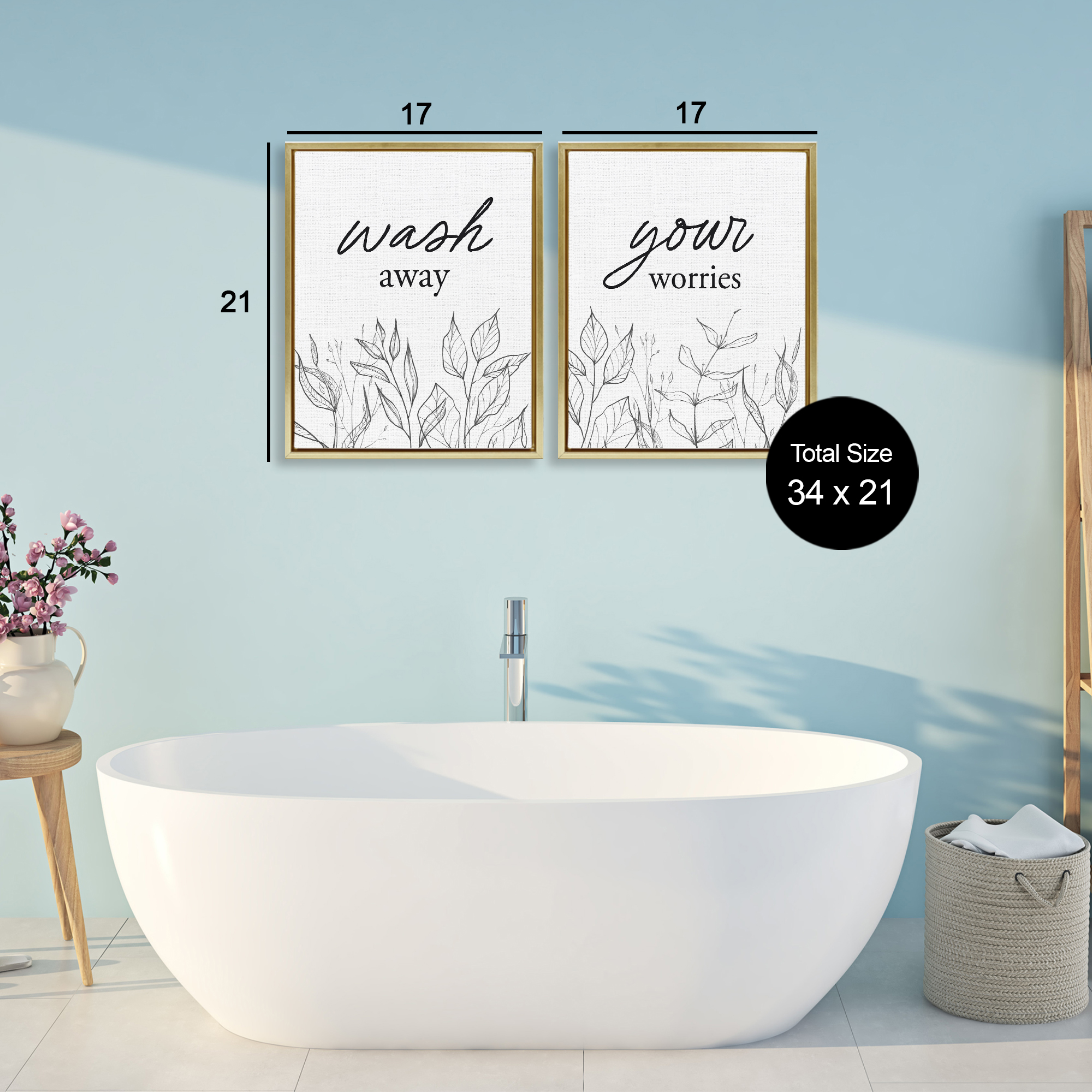 Wash Away Worries Minimalist Leaves 2 Piece Gold Framed Floater Canvas Set, design by Lettered and Lined