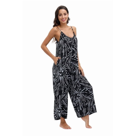 BALAMY Jumpsuits for Women Floral Wide Leg Spaghetti Strap Sleeveless Casual Loose Ethnic Long Rompers with Pockets