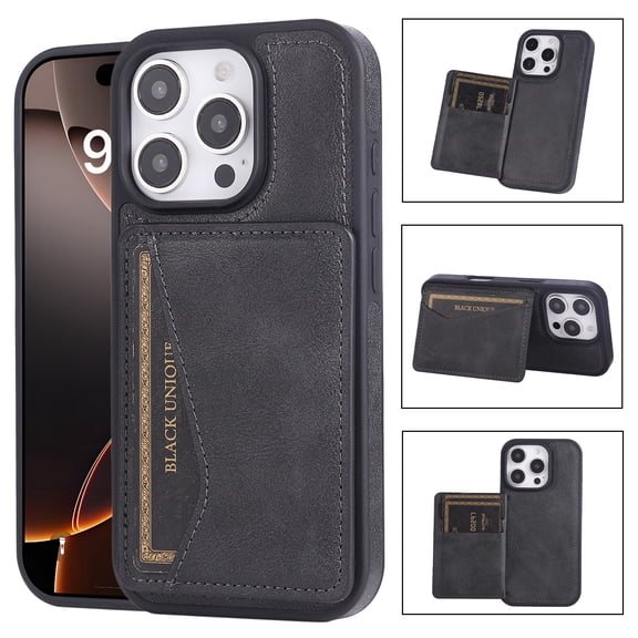 Case Compatible with iPhone 16 Pro, PU Leather Card Slots Kickstand Phone Cover, Classic Ultra Slim Lightweight Drop Protective Shokcproof Durable Thin Case for iPhone 16 Pro, Black