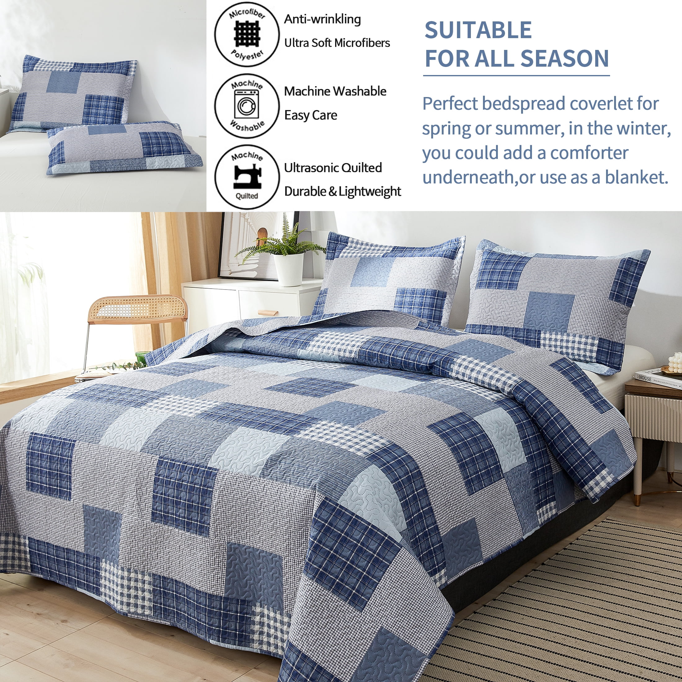 Smuge Full/Queen Size Reversible Quilt Set with Pillow Shams, Soft Microfiber Lightweight Coverlet Bedspread, Modern Blue White Plaid Bedding