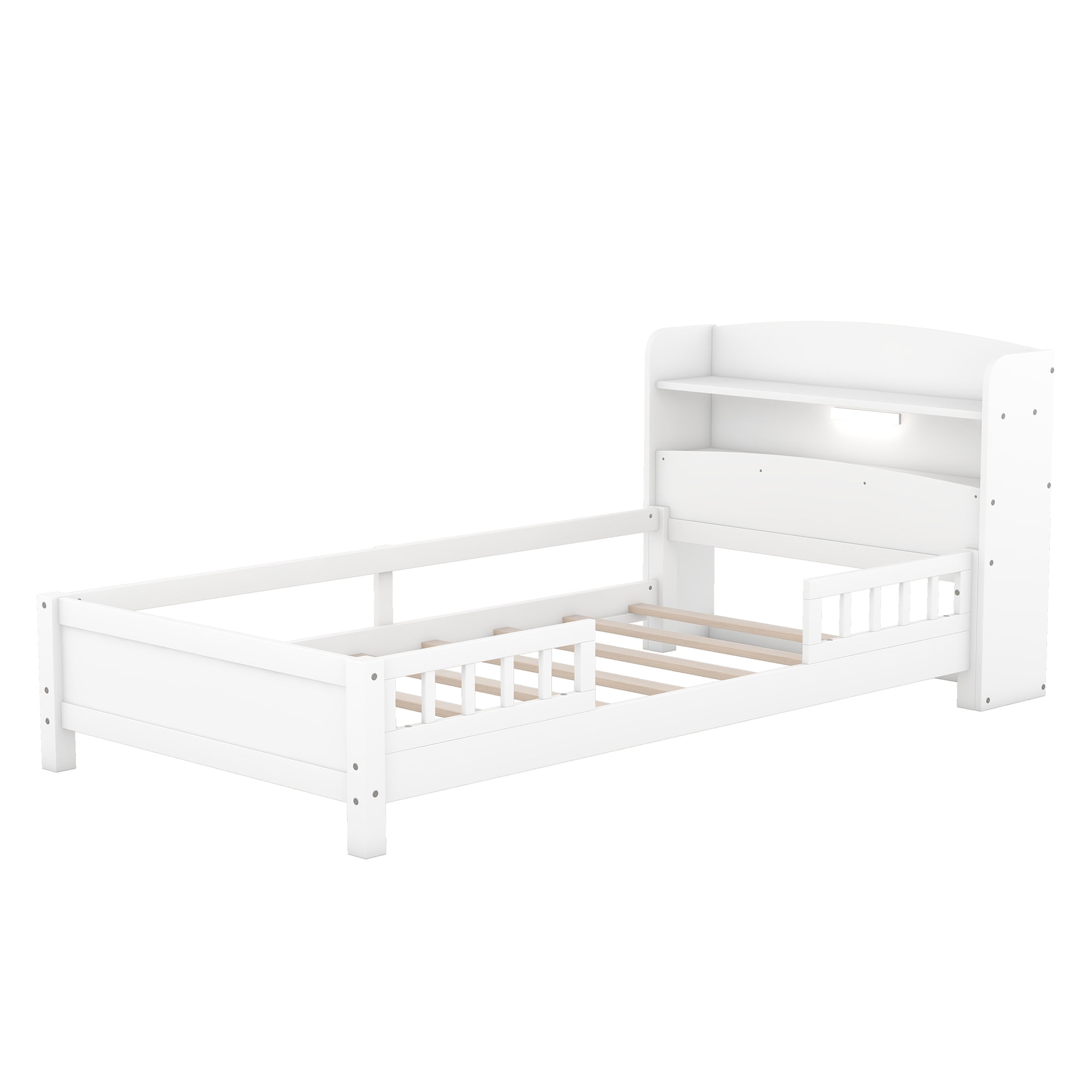 Sailvan Twin Wood Platform Bed Frame with LED Light and Storage Headboard White