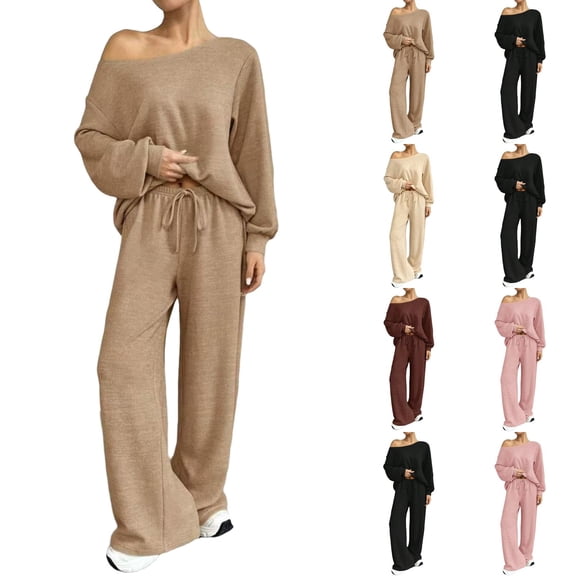 VV AVEORS Women 2 Piece Outfit Matching Sweat Sets Off The Shoulder Knit Set Lounge Top Wide Leg Sweatpants Tracksuit Beige XL