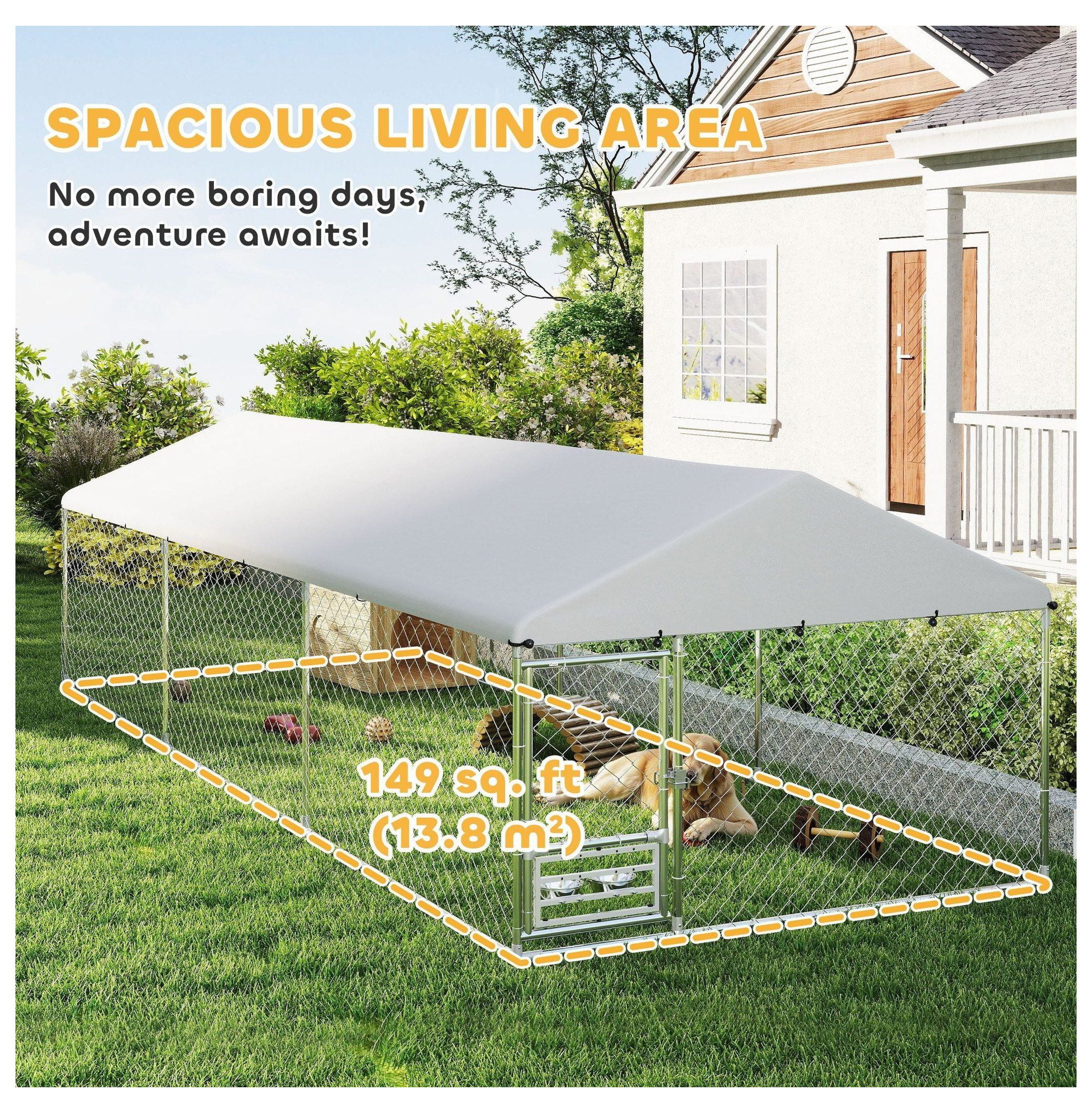 Outdoor Dog Kennel Large, 19.7' x 7.5' x 5.2' Dog Run with Roof, Adjustable Bowl Rack, Waterproof Cover & Secure Lock