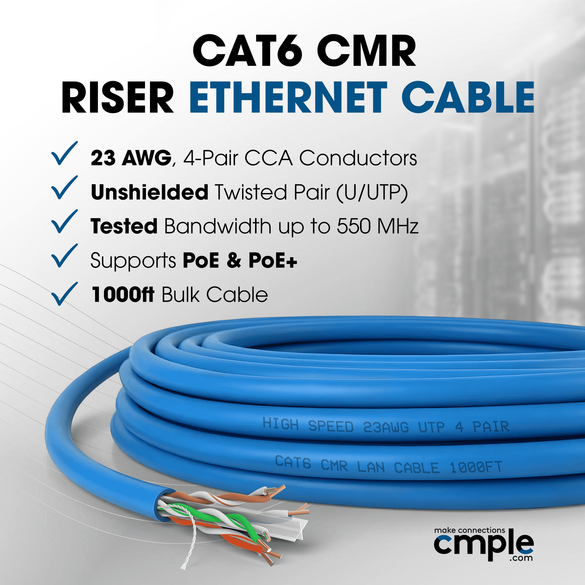 Cmple - Cat6 Cable 1000ft Bulk Lan Ethernet Cat 6 Wire Network UTP 23AWG CMR Riser 10 Gbps 550 MHz Pull Box 1000 Feet, Blue