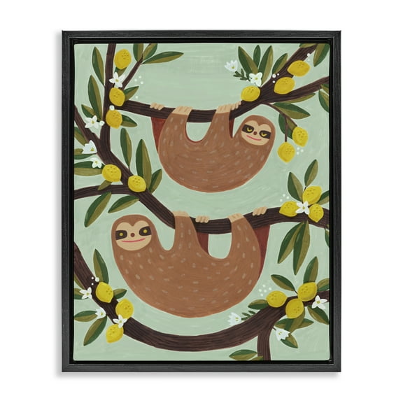 Stupell Industries Sloths on Lemon Tree Branches Animals Painting Black Floater Framed Canvas Art Print Wall Art, 17 x 21