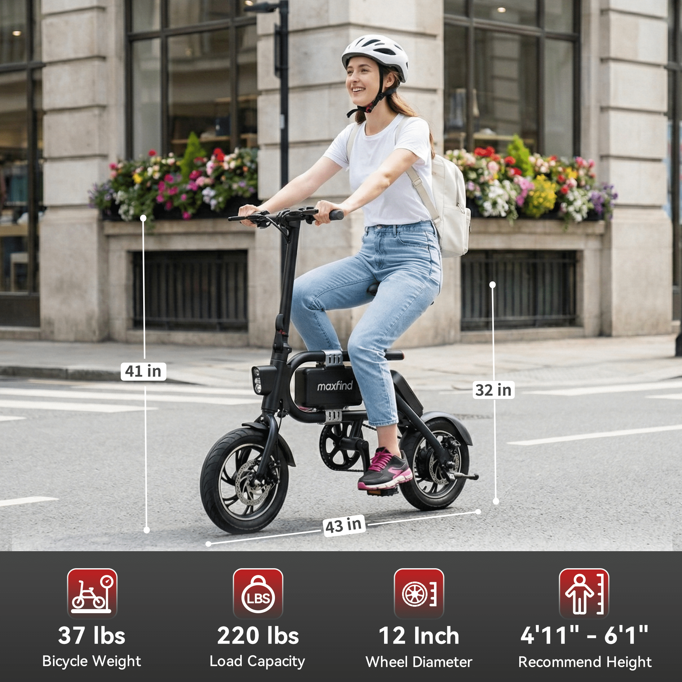 Maxfind Foldable 12" Electric Bike for Adults, Max 37-Mile Range Pedal-Assist,Removable Lithium Battery, Smart App Control,Adult Electric Bicycle for Commute