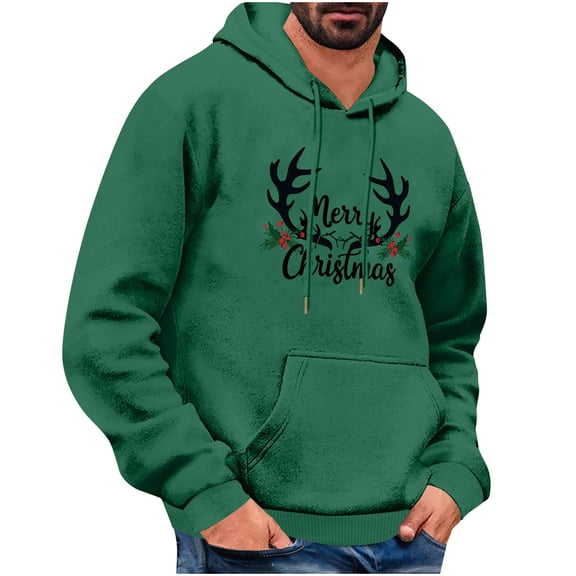 qelini Christmas Hoodies for Men Long Sleeve Pullover Reindeer Print Drawstring Hooded Sweatshirts Casual Tops