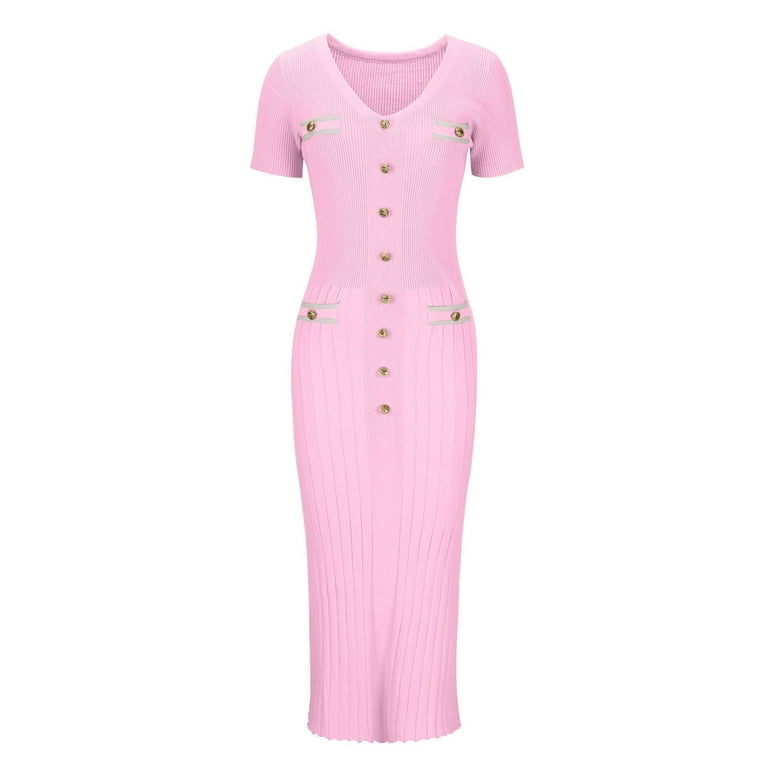 tight boho dresses Women Dress Fashion Women Solid Color Fitting Short Sleeve-neck Wave Skirt Hem Up To Ankle Knitted Jumpsuit Long Skirt for Women Plus Size Pink L Red Wine