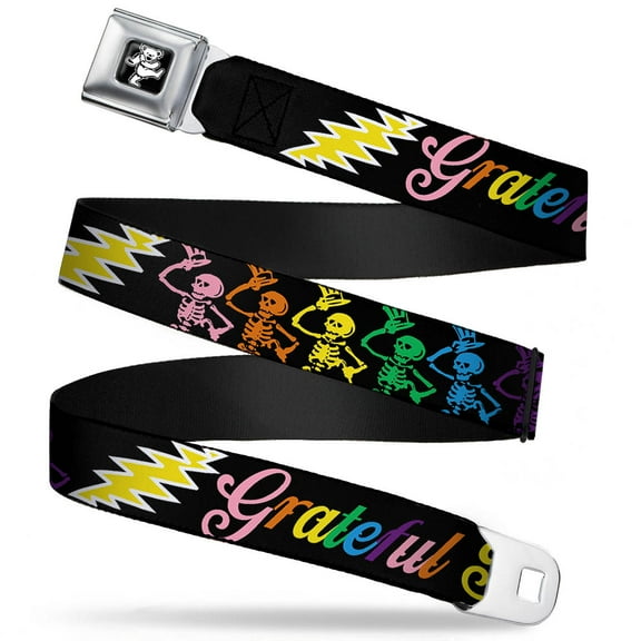 Grateful Dead Belt, Seatbelt Buckle Belt, Grateful Dead Script Bears Skeletons Black Multi Color, 30 to 44 Inches