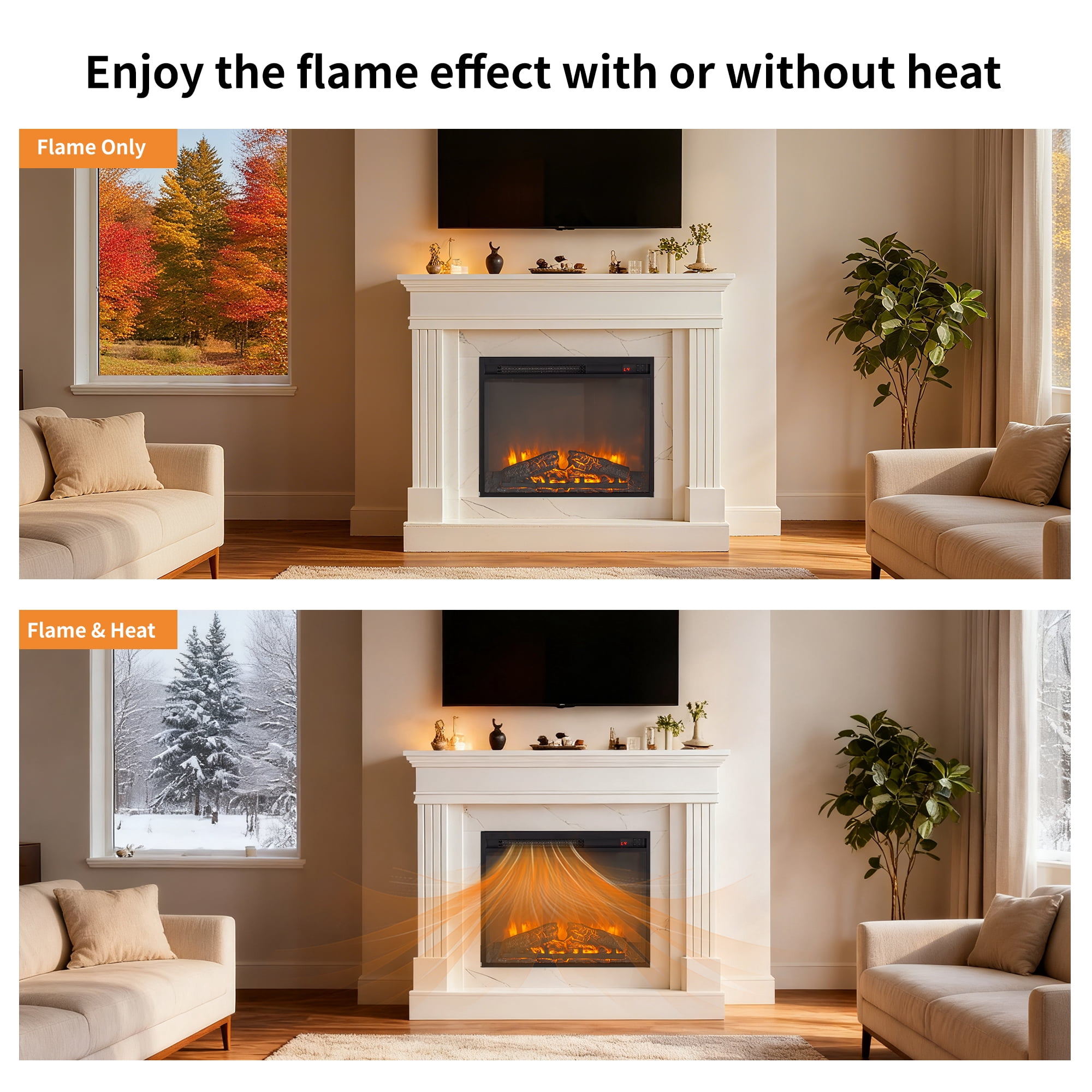 Innoflame 44" Electric Fireplace with Mantel, Freestanding Electric Fireplaces with Faux Marble, Remote, Timer, Adjustable Thermostat & Flame Brightness, White Fireplace for Living Room, 1400W