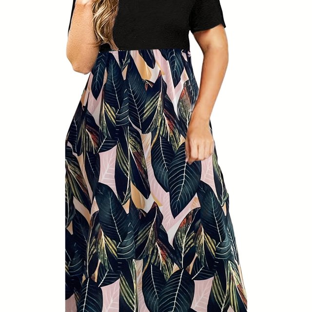 Vestido Elegante De Talla Grande, Vestido Largo Con Cuello Redondo Y Manga Corta Con Estampado Tropical Para Mujer