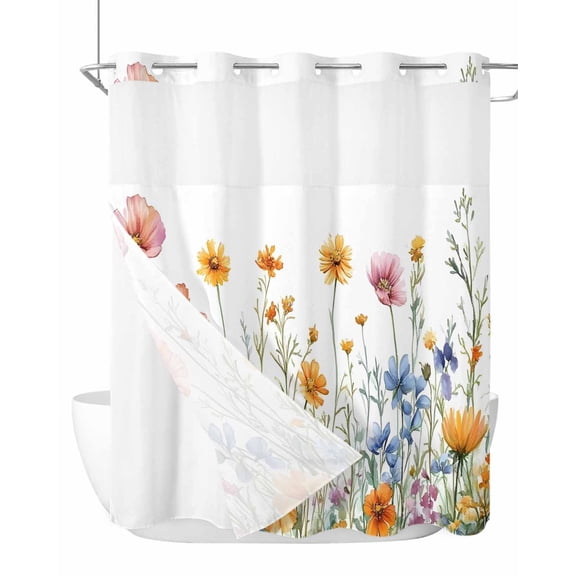 No Hook Cloth Fabric Shower Curtain with Snap in Liner, Wildflower Waterproof Shower Curtains Set with See Through Top Window, Country Flower Orange Pink Flower Plant Bath Curtains Shower 72"x78"