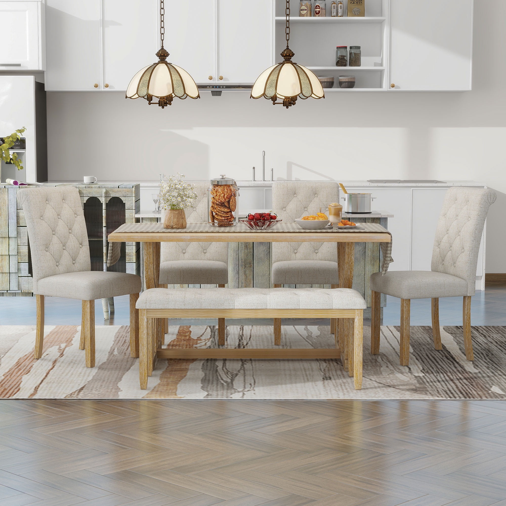 Bellemave 6 Piece Kitchen Dining Table Set, Rectangular Table with 4 Upholstered Chairs and a Bench, Wood Dining Room Table Set for 6 People, Living Room Furniture（Natural Wood Wash）