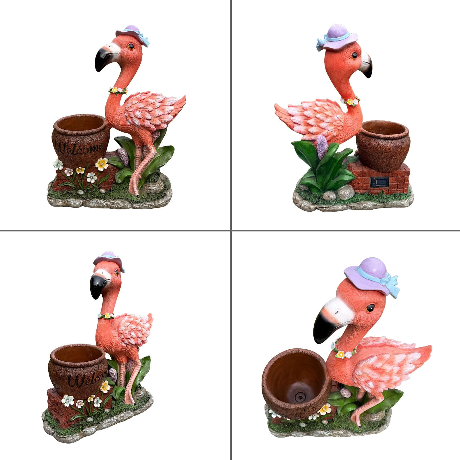 Set of 1 Outdoor Garden Flamingo Sculpture Flower Pot Planter, Pink Resin Yard Statue with Solar Light for Patio Decor，Purple  Hat