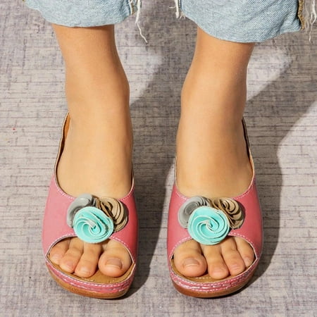 

Women Sandals Clearance 2023! Pejock Women s Platform Wedge Sandals with Arch Support Casual Flower Slippers Fish Mouth Shoes Thick Sole Sloping Heel Sandals Summer Athletic Outdoor Beach Sandals