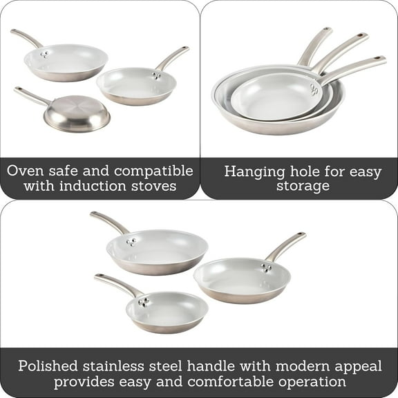 IMUSA 3-Piece Ceramic Fry Pan Set - 8", 10" & 12" | Nonstick Stainless Steel Cookware with Comfortable Handles