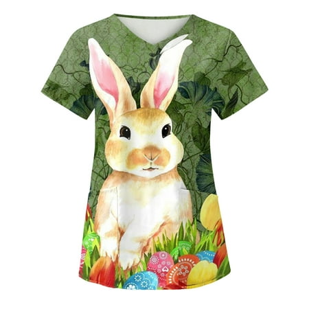

Easter Scrub Tops Women Rabbit Egg Hunt Print Scrub Tops Nurse Uniform V-Neck Summer Holiday Workwear