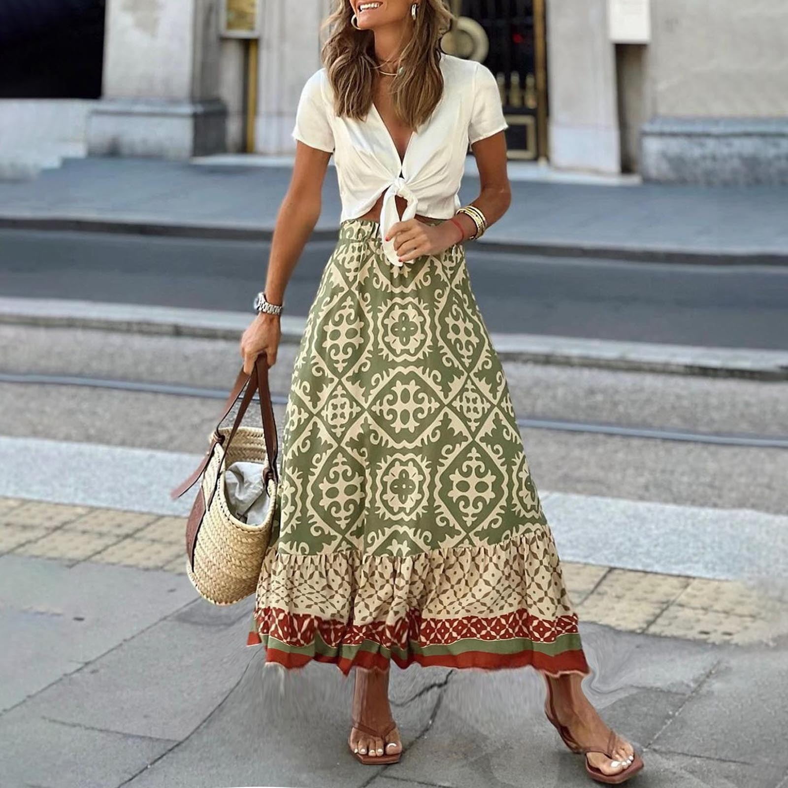 Jupe Longue Fleurs Bohème Femme - Pink[E46643] - Taille Haute Maxi