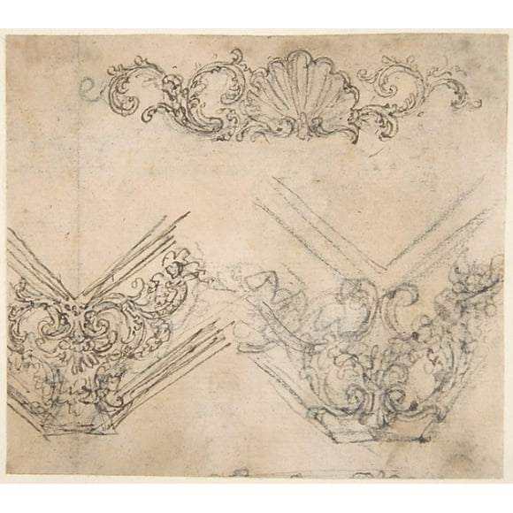 Designs for the Decoration of a Frieze and Corner Motifs (recto); Design for Two Frames Decorated with Volutes, Garlands