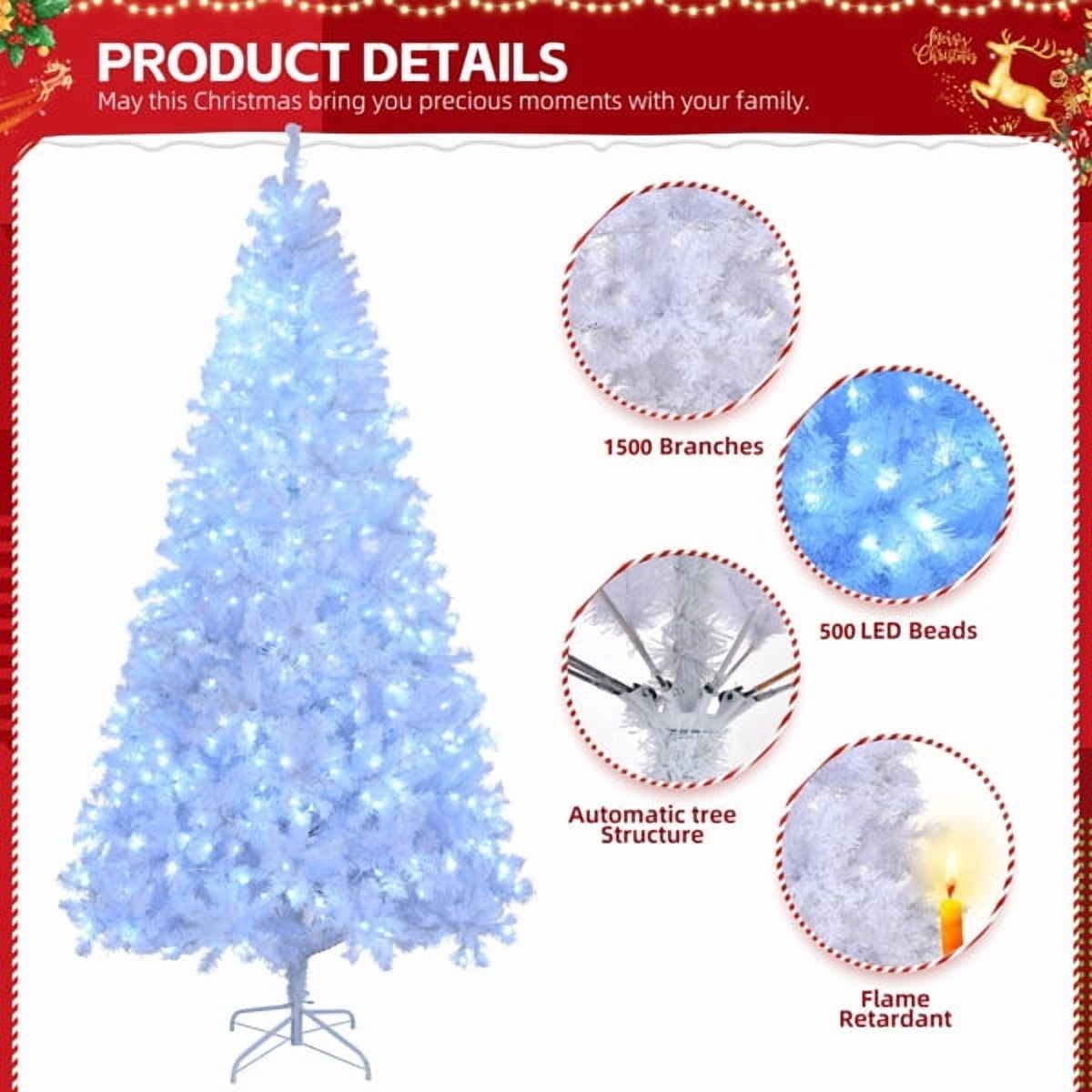 8FT Pre-Lit White Christmas Tree, 1500 PVC Branch Tips, 200 Cold White LEDs, Sturdy Iron Stand, Flame-Retardant Artificial Holiday Centerpiece