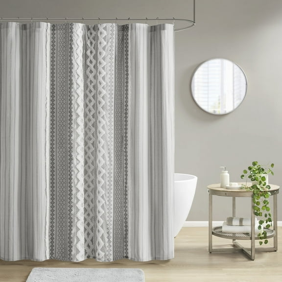 INK IVY Imani Printed Shower Curtains with Chenille, Cotton Shower Curtain, Gray, 72" x 72"