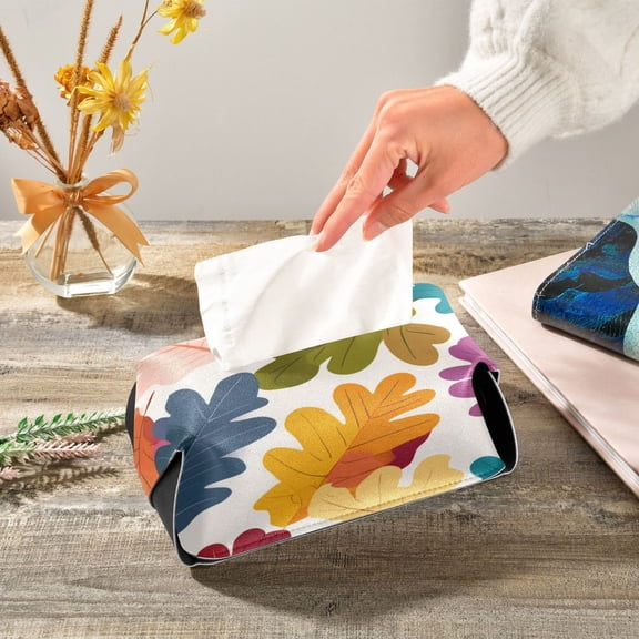 Autumn Oak Leaves Multicolor Leather Tissue Box Cover Rectangle Tissue Holder Foldable