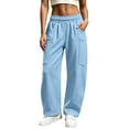 thumbnail image 2 of Women Clothing Womens Winter Casual Fashion Solid Color Multi Pocket Drawstring Elastic Waist Sweatpants Light Blue L, 2 of 7