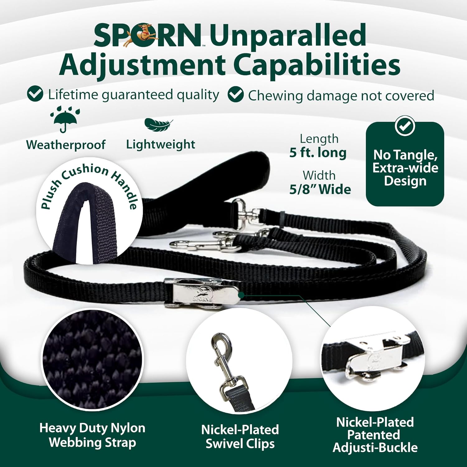 Sporn Double Dog Leash Fully Adjustable for Medium / Large Dogs Black