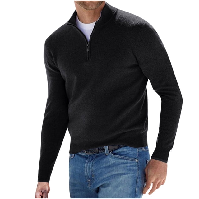 Mens Wool Sweater Half Zip Up Stand Collar Sweatshirt Long Sleeve Slim Fit Pullover Henley Tops