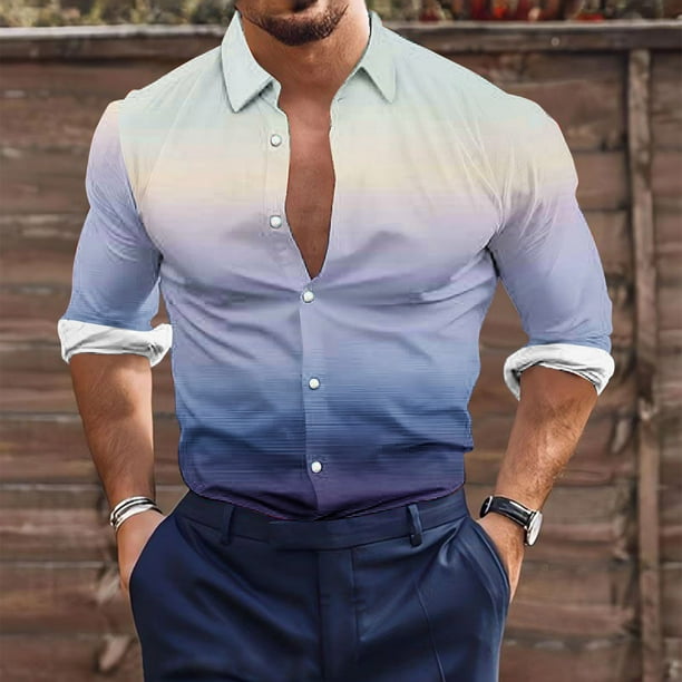 Blusa y camisa de manga larga con cuello vuelto para hombre, estilo casual, a la moda, con botones estampados, blusa de manga larga con cuello vuelto, camisetas de poliéster para hombre