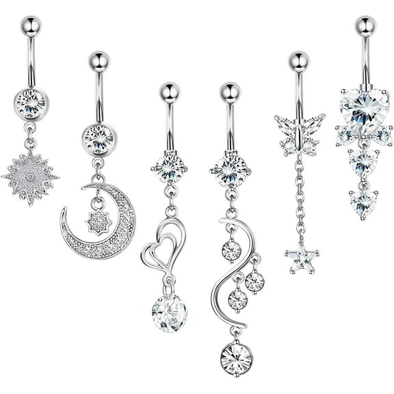 6 Pieces 14G Belly Button Rings Steel Long Dangle Navel Ring CZ Body Piercing Jewelry